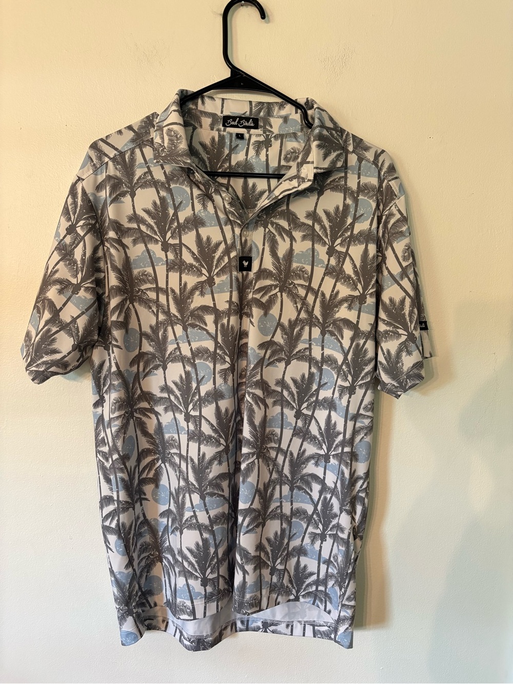Bad Birdie Men's White Polo with Gray Palm Print and Light Blue Accents